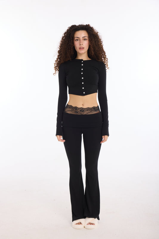 Liora Lace Trim Lounge Set — Midnight Black