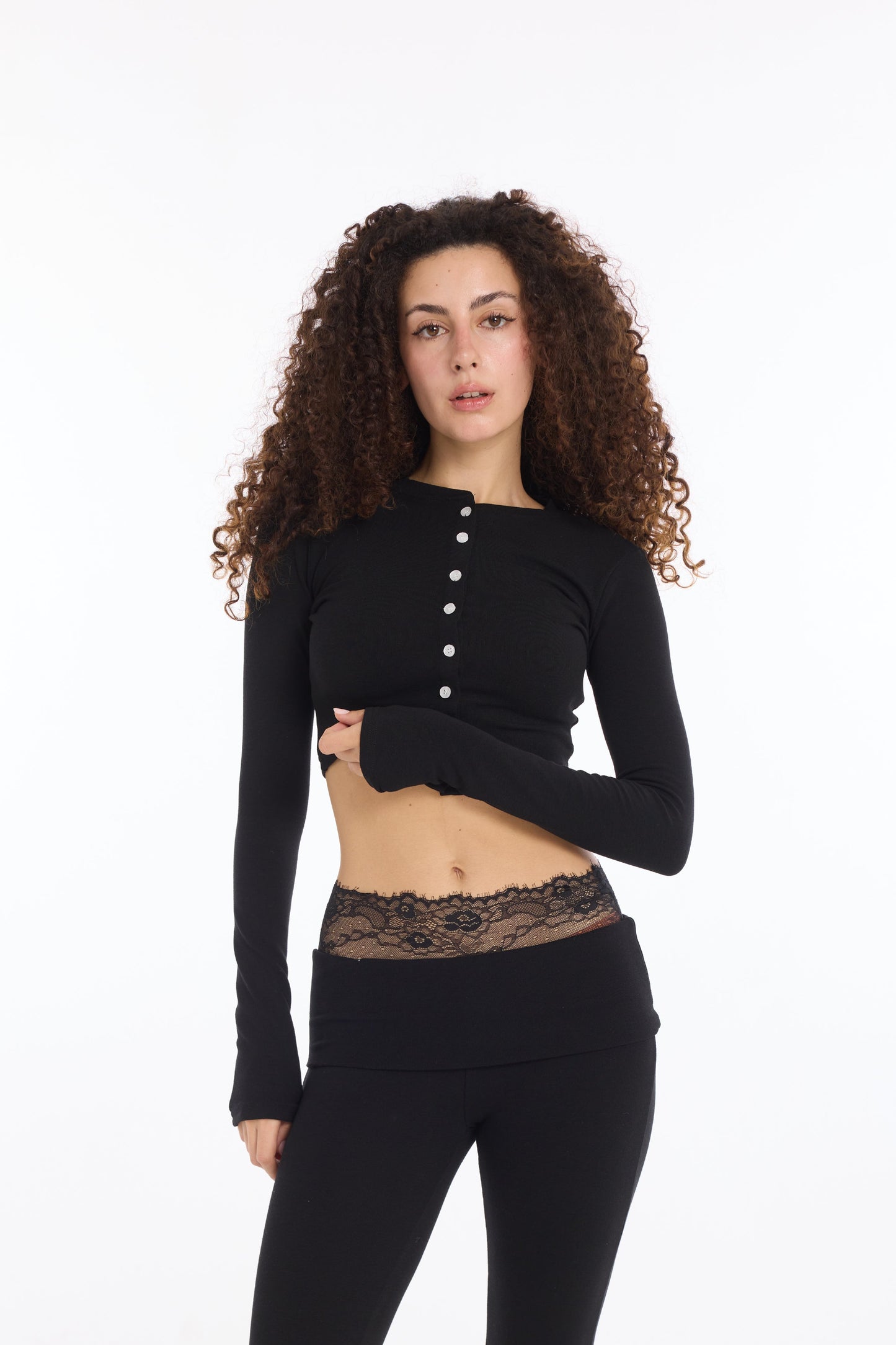 Liora Lace Trim Lounge Set — Midnight Black