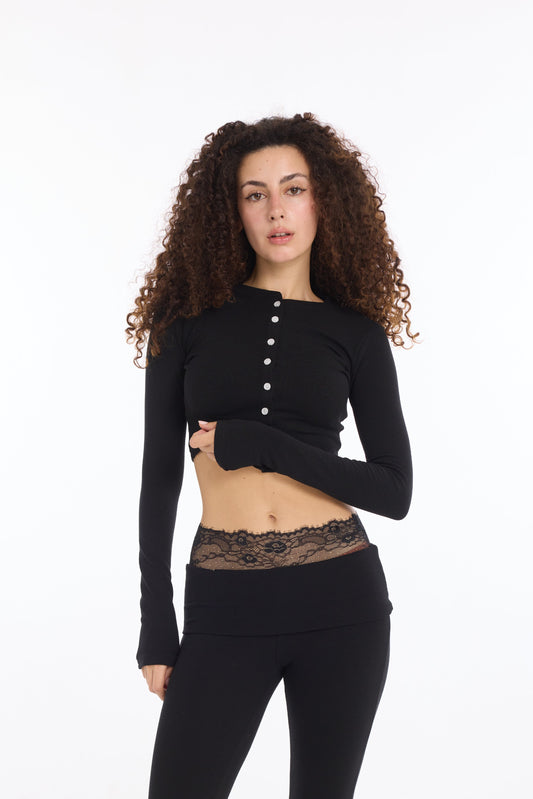 Liora Lace Trim Lounge Set — Midnight Black