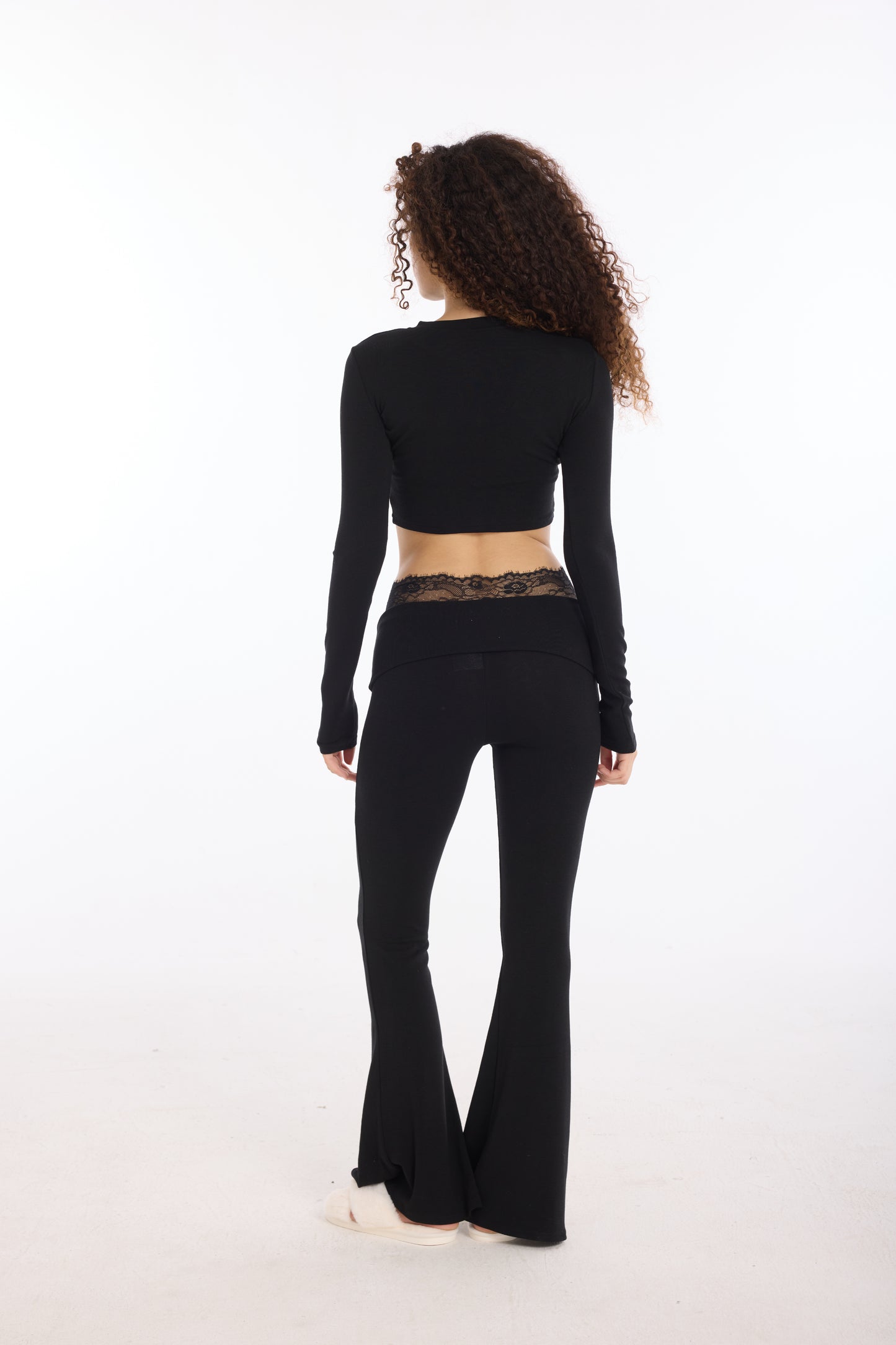Liora Lace Trim Lounge Set — Midnight Black