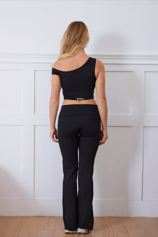 Elevé Foldover Flare Leggings — Black Sesame